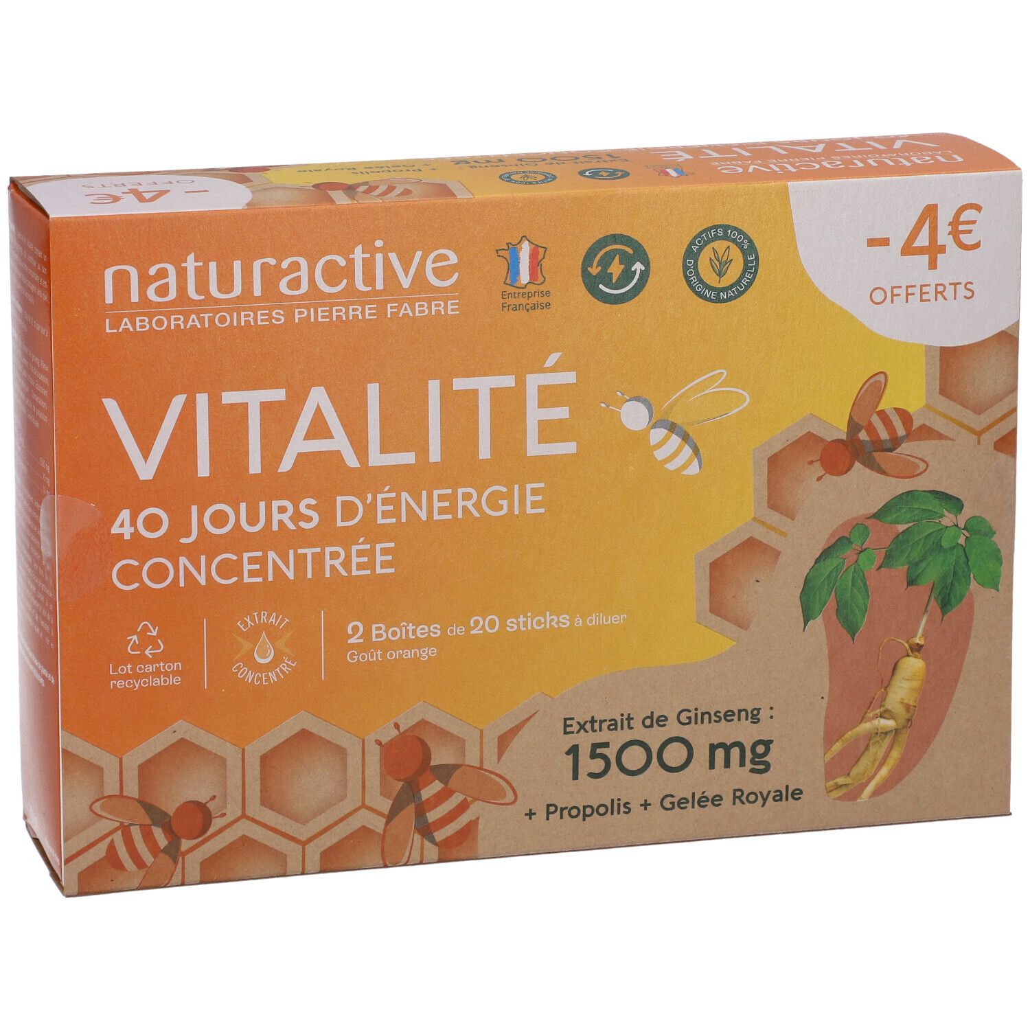Boîte Naturactive VITALITÉ. Boîte orange avec nom et ingrédients. Contient 2 boîtes de 20 sticks. Extrait de Ginseng 1500 mg.