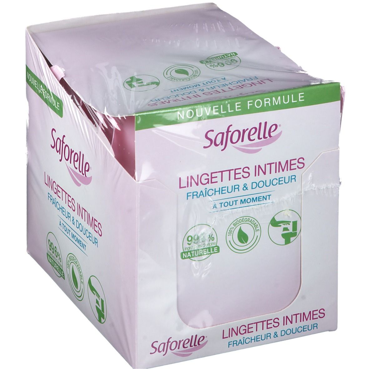 Boîte de lingettes intimes Saforelle, partiellement visible. Inscriptions : 'LINGETTES INTIMES', 'Fraîcheur & Douceur', '99.6% naturelle'.