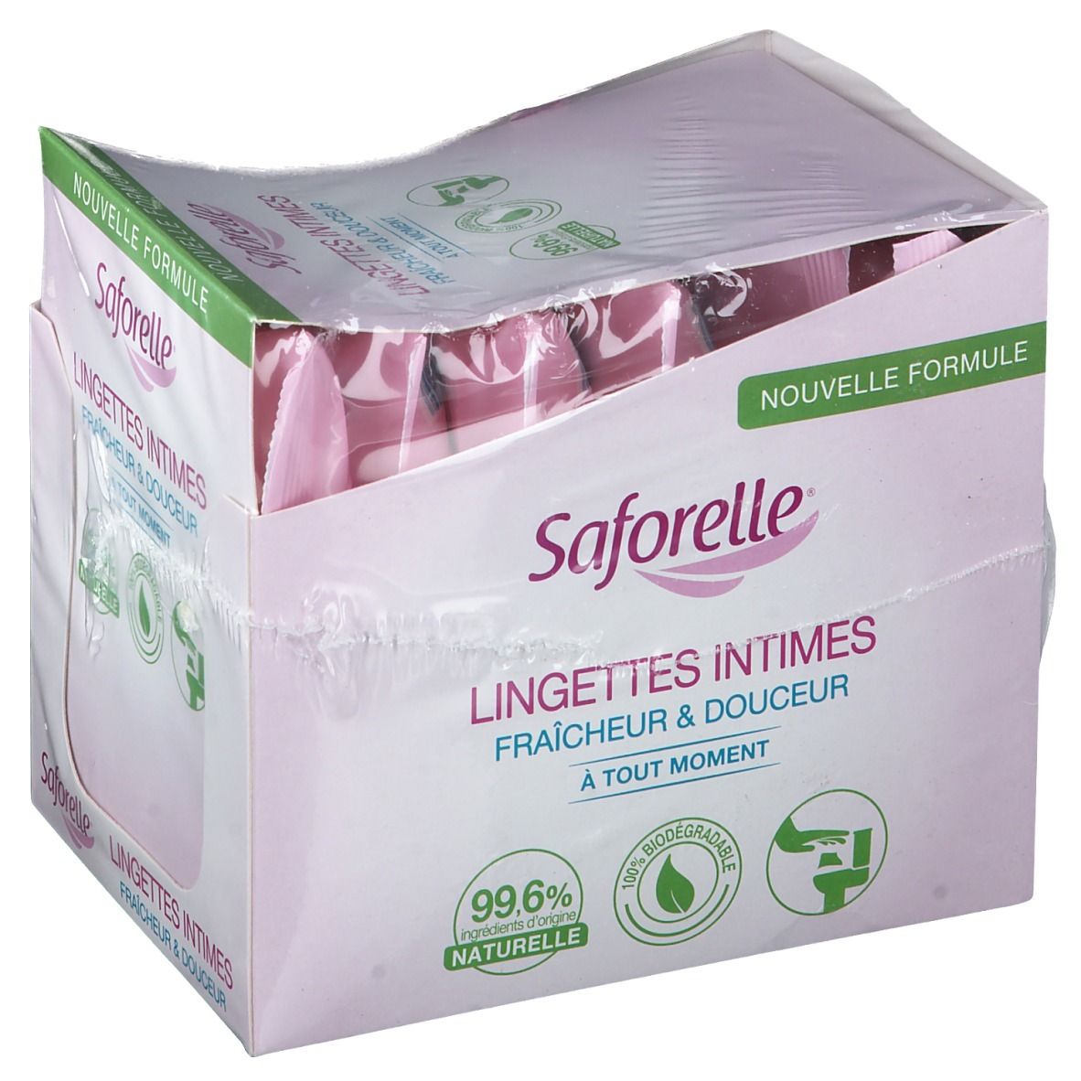 Boîte de lingettes intimes Saforelle. Inscriptions : 'LINGETTES INTIMES', 'Fraîcheur & Douceur', '99.6% naturelle'. Emballage transparent.