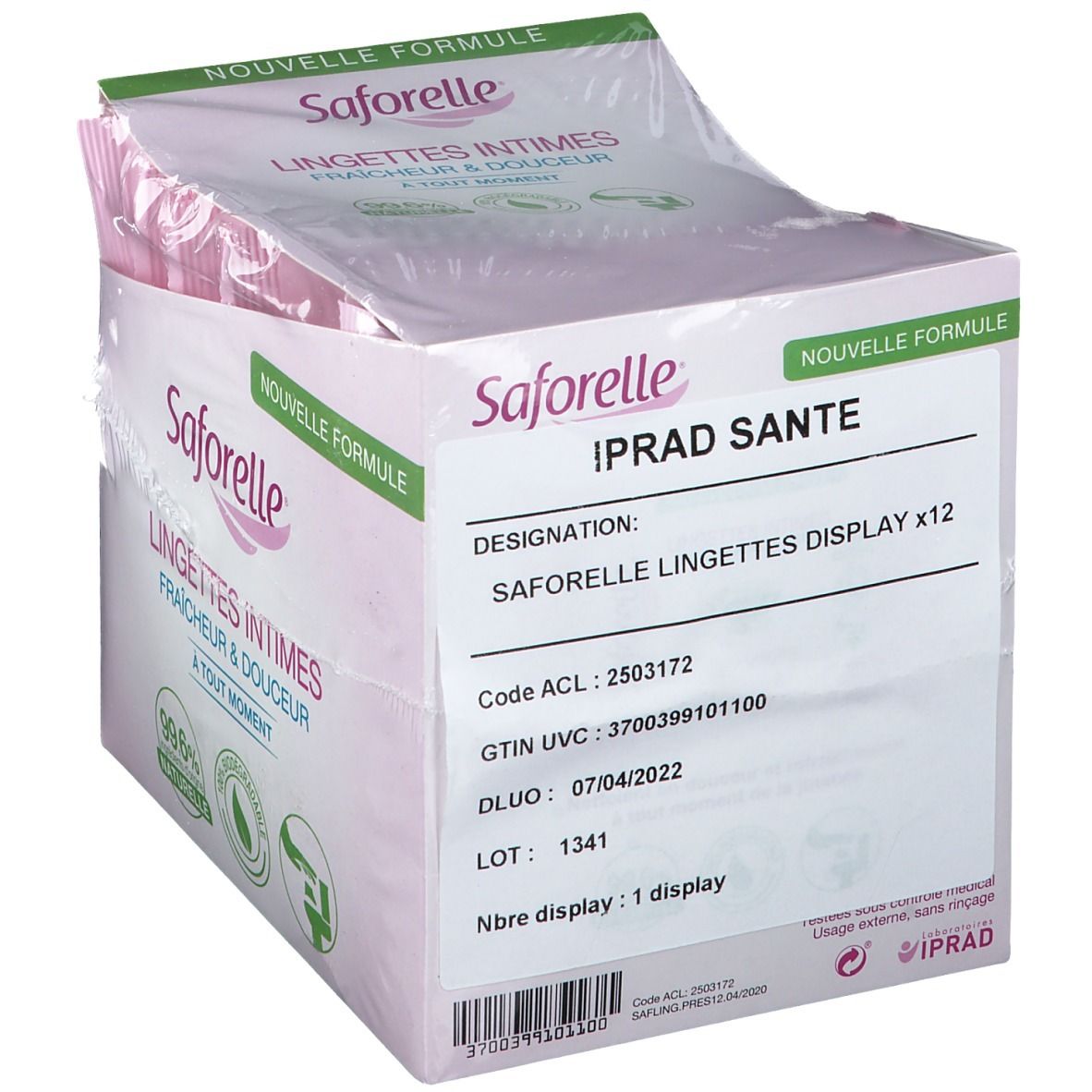 Boîte de lingettes intimes Saforelle. Inscriptions : 'LINGETTES INTIMES', 'Fraîcheur & Douceur'. Informations produit sur le côté.