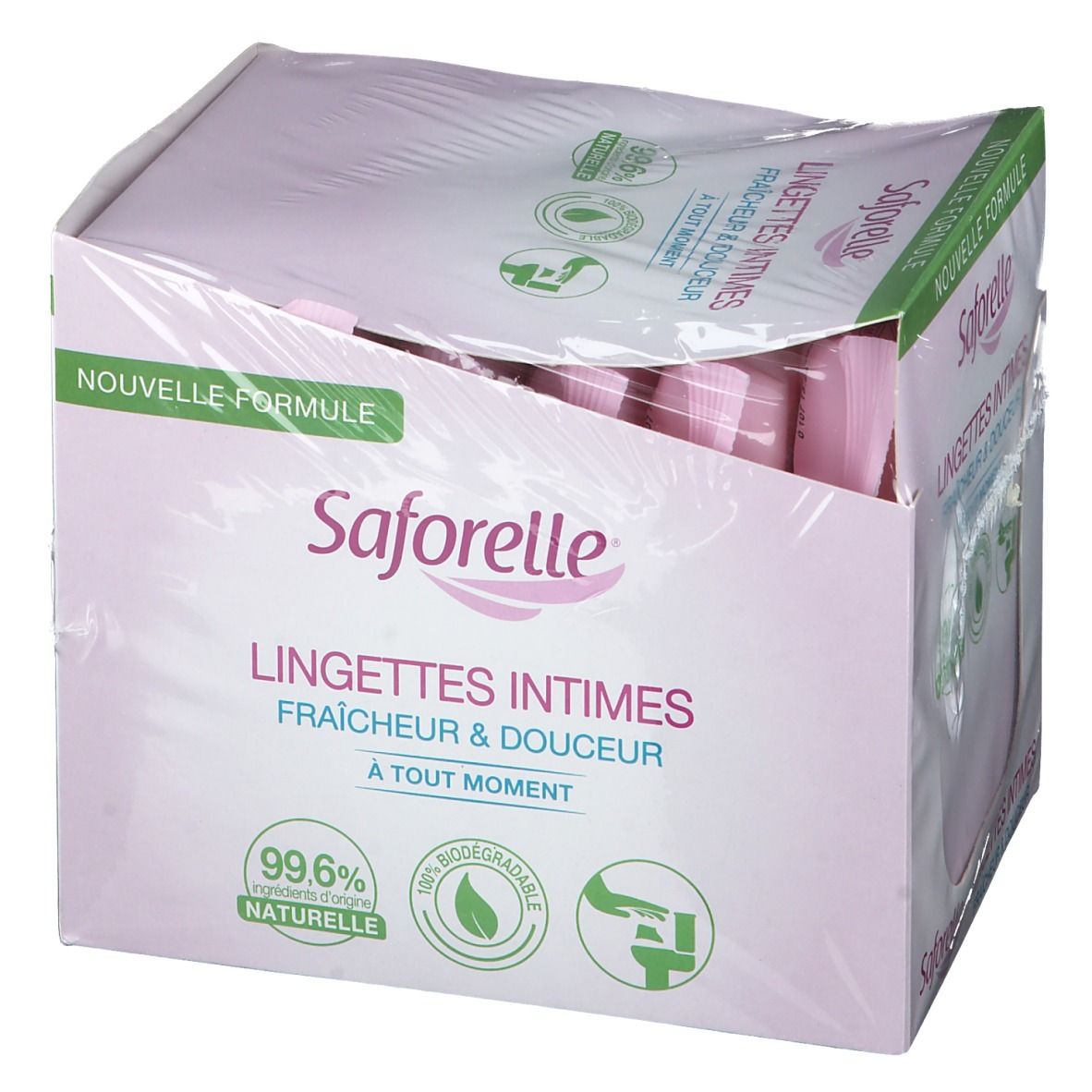 Boîte de lingettes intimes Saforelle. Inscriptions : 'LINGETTES INTIMES', 'Fraîcheur & Douceur', '99.6% naturelle'.