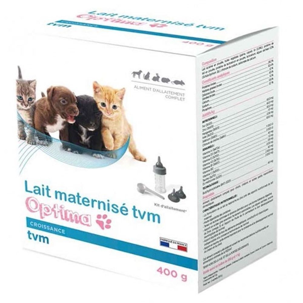 Boîte de OPTIMA PET MILK. Chiots et chatons illustrés. Comprend biberon, cuillère et accessoires. 400g.