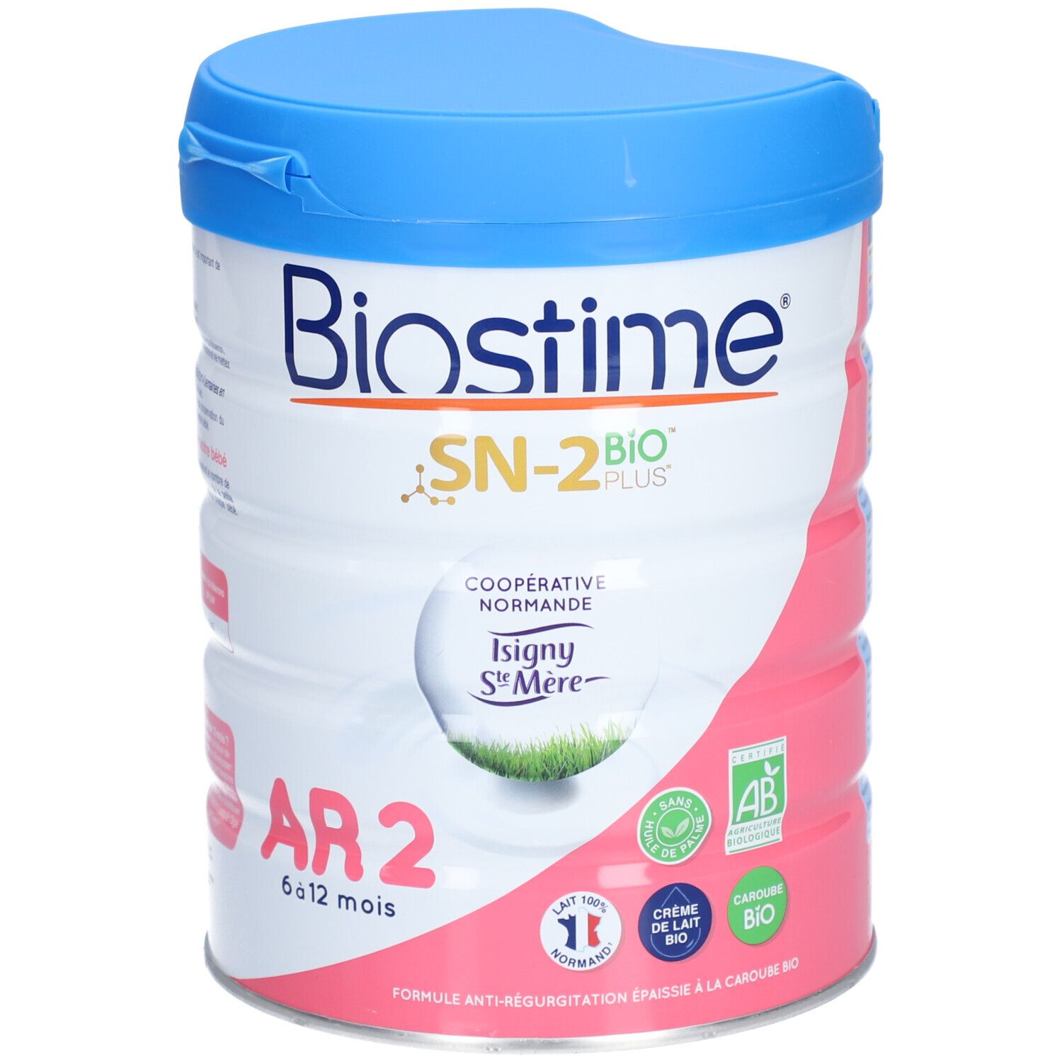 Boîte de lait en poudre Biostime AR 2, bleu-blanc-rose. Couvercle, logo de la marque, texte et certifications. Pour 6-12 mois.