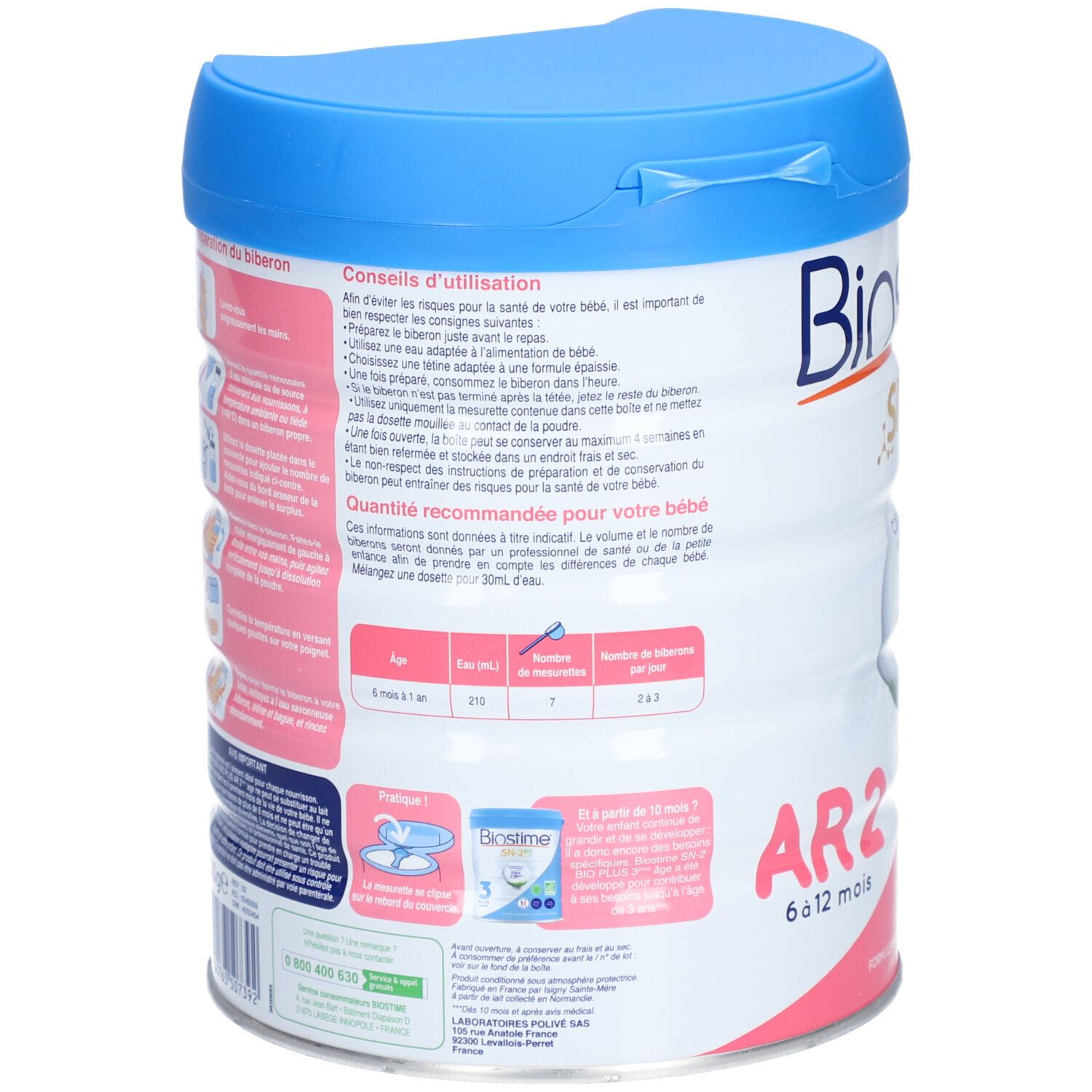 Dos de la boîte de lait en poudre Biostime AR 2. Texte sur l'utilisation, le dosage et les ingrédients. Avec couvercle bleu.