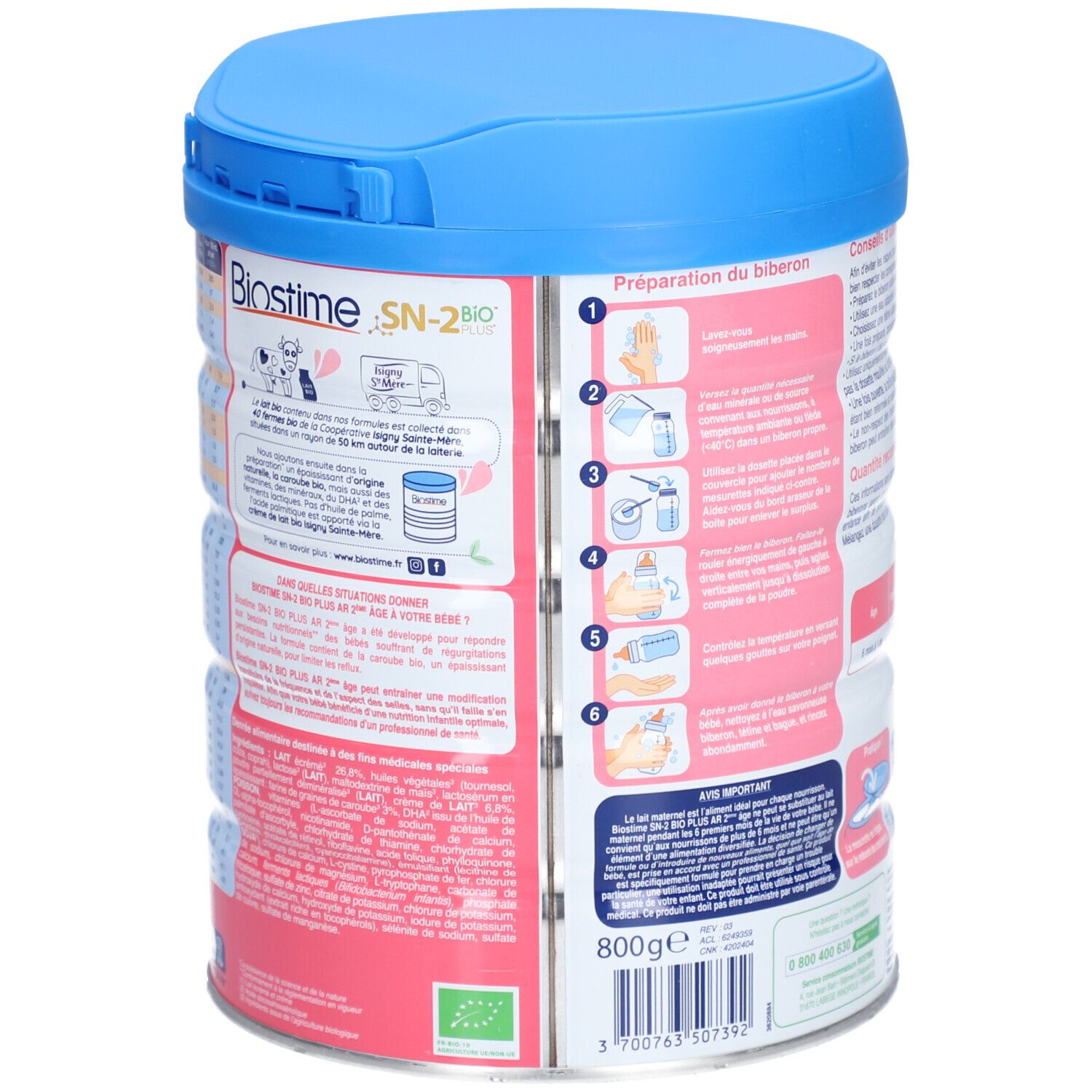 Dos de la boîte de lait en poudre Biostime AR 2. Instructions de préparation, texte et certifications. Avec couvercle bleu.