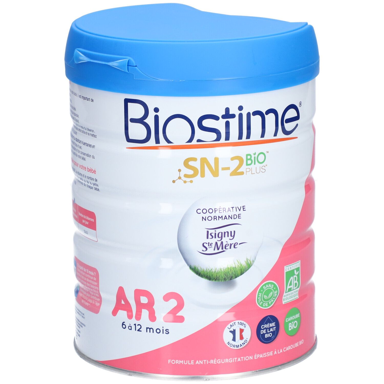 Boîte de lait en poudre Biostime AR 2, bleu-blanc-rose. Couvercle, logo de la marque, texte et certifications. Pour 6-12 mois.