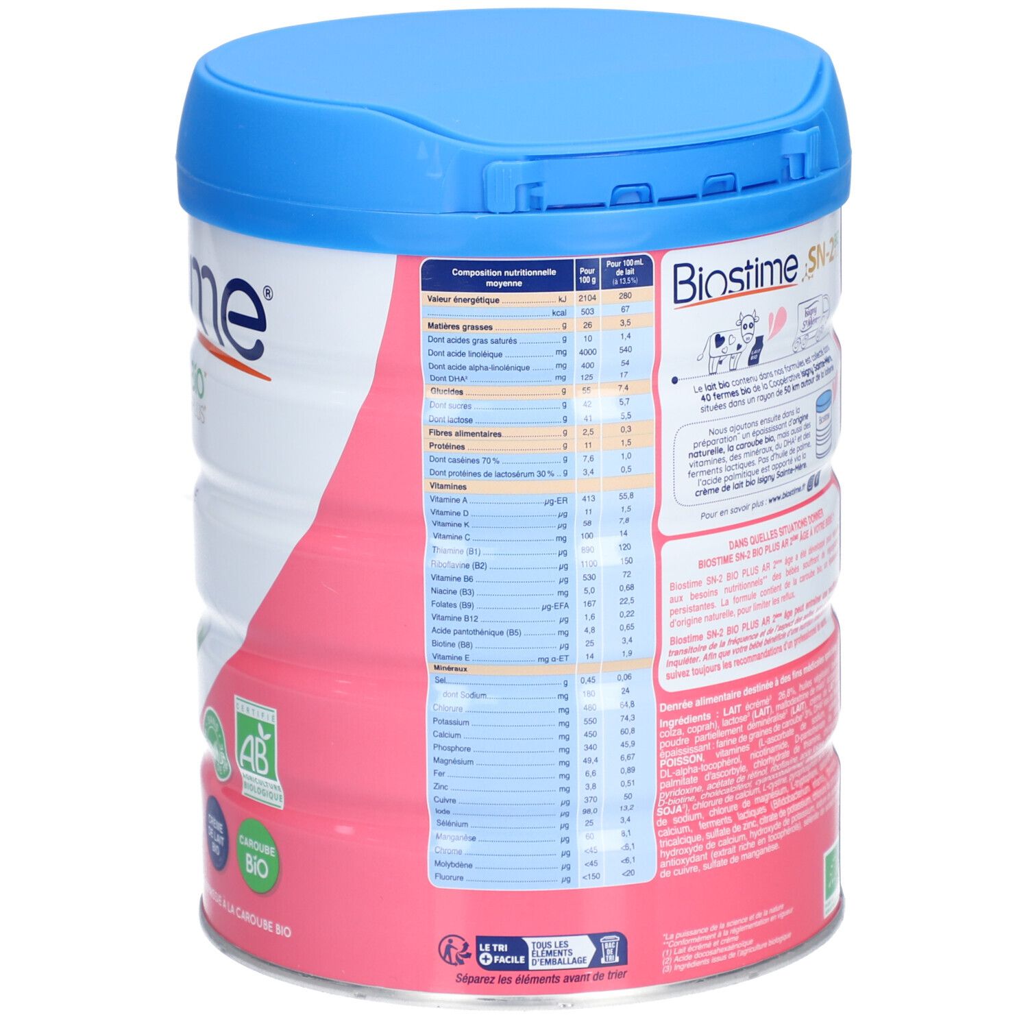 Dos de la boîte de lait en poudre Biostime AR 2. Tableau nutritionnel, texte et certifications. Avec couvercle bleu.