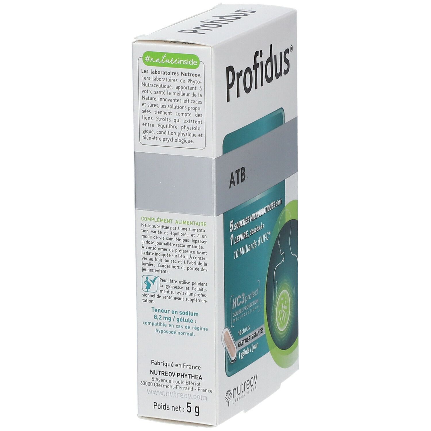 Boîte de Profidus ATB. Contient 5g. Inscription : 5 souches microbiotiques, 1 levure, dosées à 10 milliards d'UFC. Fabriqué en France.