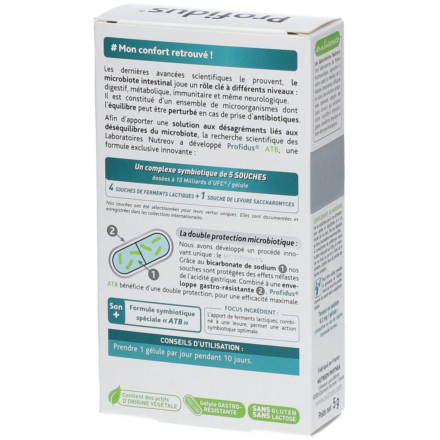 Dos de la boîte Profidus ATB. Texte sur la composition et l'utilisation. Contient 10 gélules. Sans gluten et sans lactose.