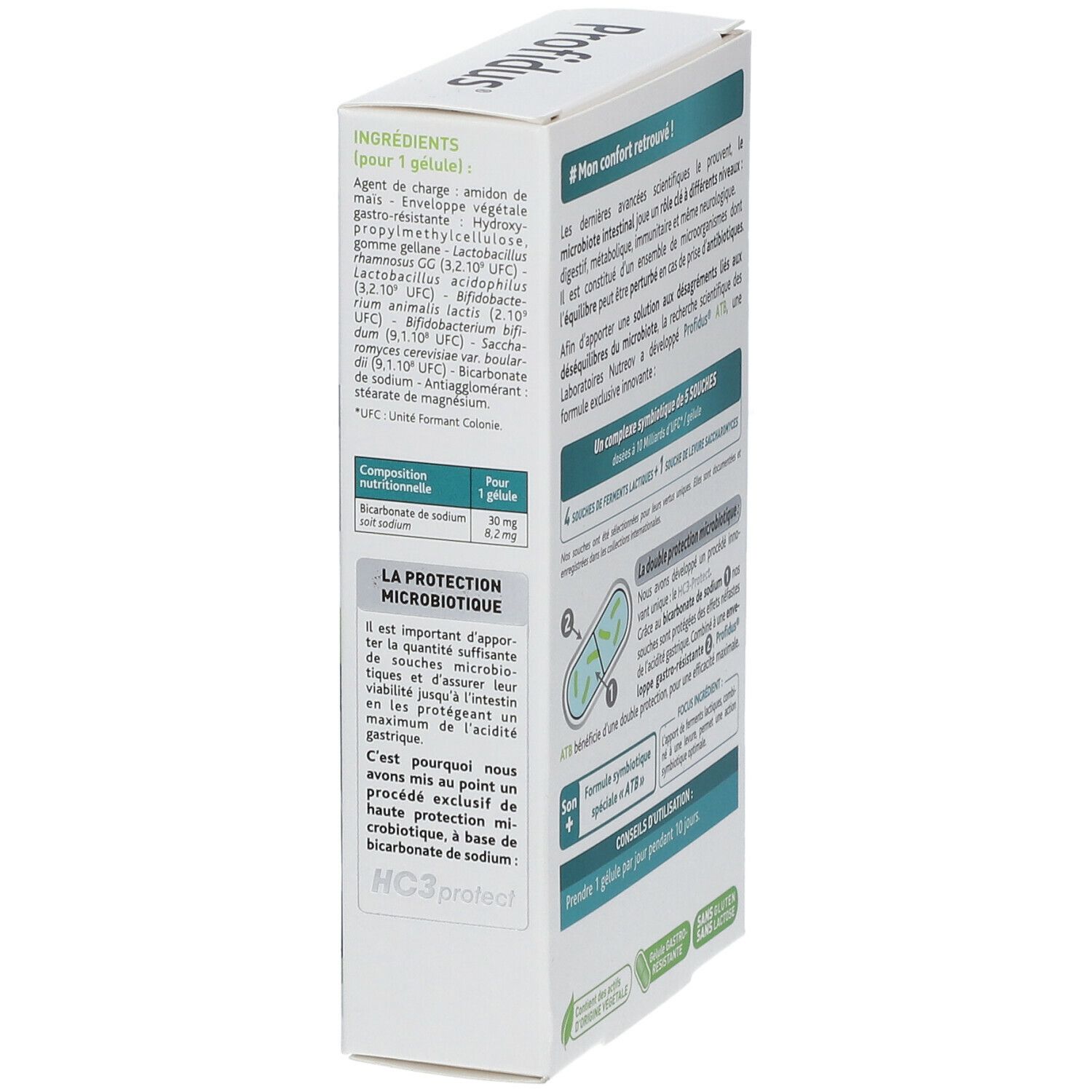 Côté de la boîte Profidus ATB. Ingrédients par gélule. Texte sur la protection microbiotique. Sans gluten et sans lactose.