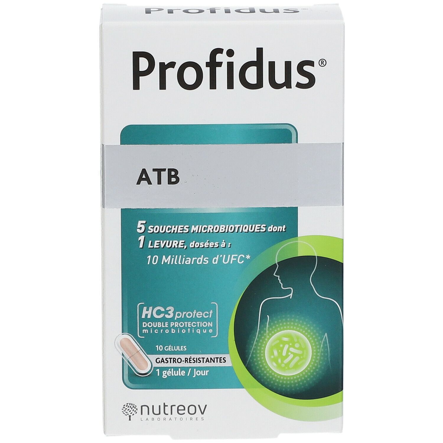 Boîte de Profidus ATB. Contient 10 gélules. Inscription : 5 souches microbiotiques, 1 levure, dosées à 10 milliards d'UFC.