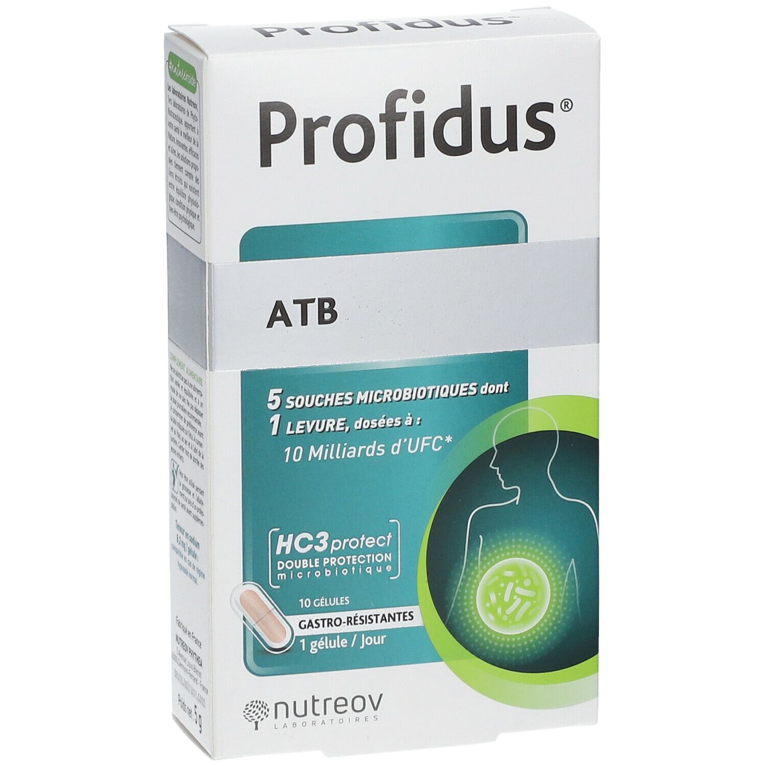 Boîte de Profidus ATB. Contient 10 gélules. Inscription : 5 souches microbiotiques, 1 levure, dosées à 10 milliards d'UFC.