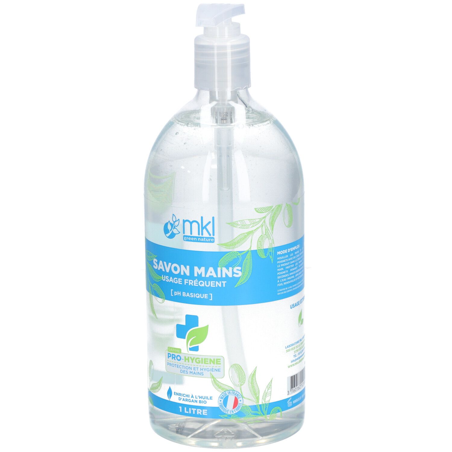 Flacon transparent avec pompe. Inscription: Savon Mains Usage Fréquent [pH Basique]. Logo MKL. 1 litre.