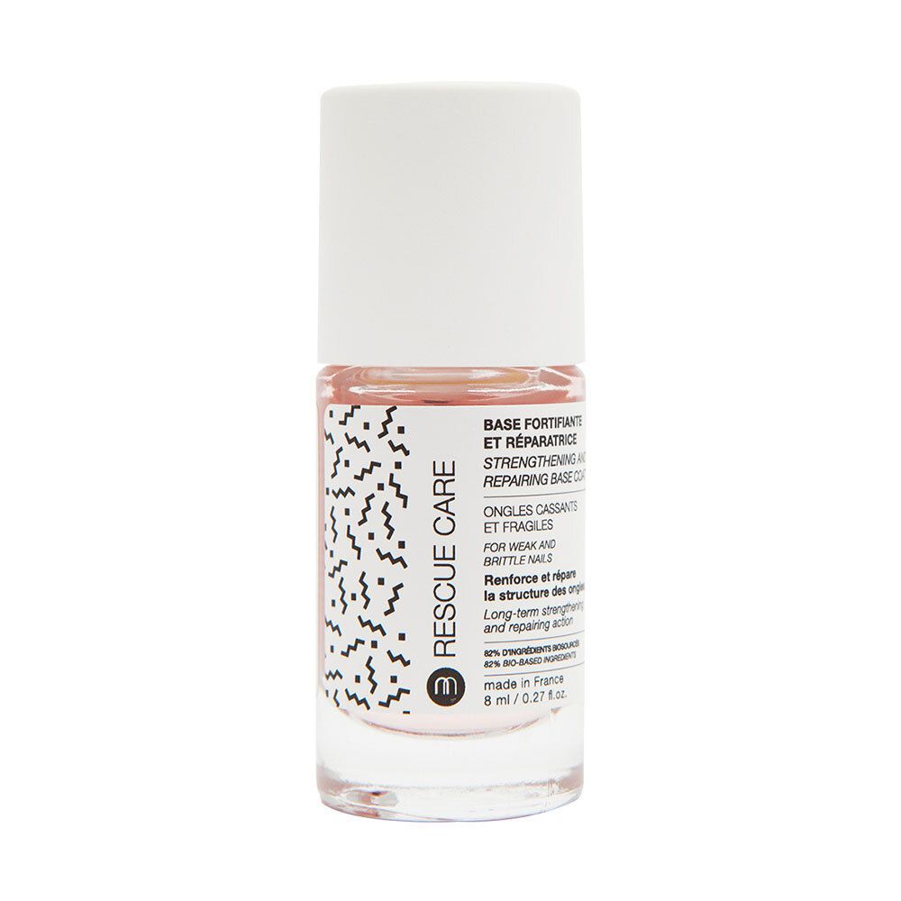 Kräftigende Base Coat-Flasche. Weißer Deckel, rosa Inhalt. Text: RESCUE CARE, BASE FORTIFIANT, 8 ml.