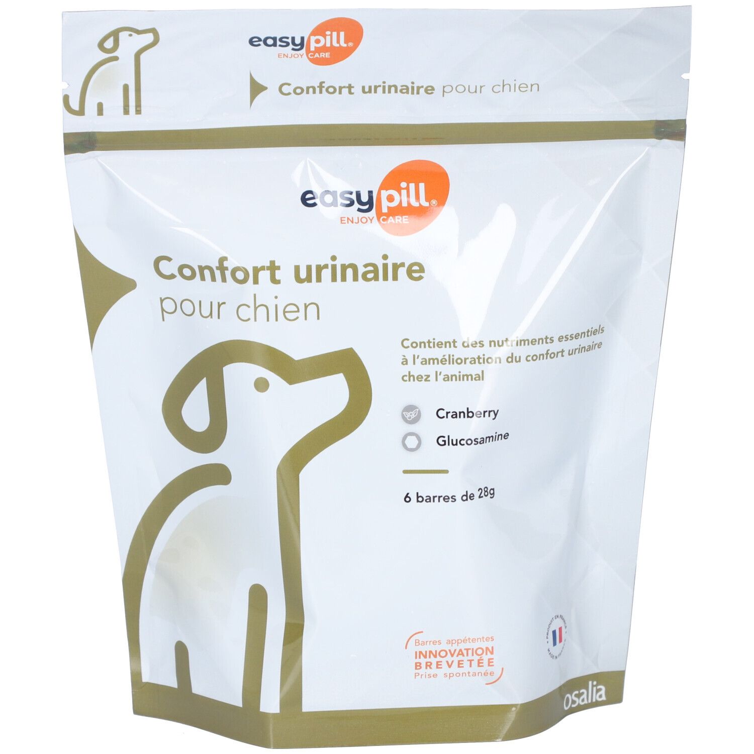 Sachet "easy pill" pour chien. Contient cranberry et glucosamine. Inscription "Confort urinaire". 6 barres.