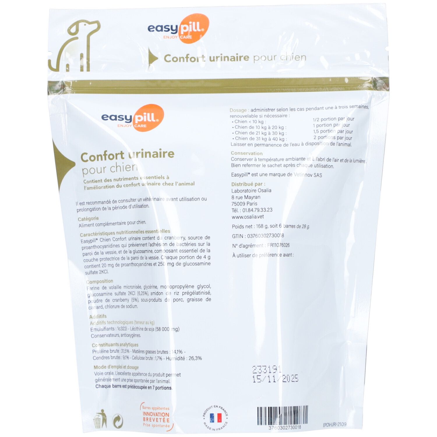Dos du sachet "easy pill". Texte sur ingrédients, dosage et fabricant. "Confort urinaire pour chien" est écrit.