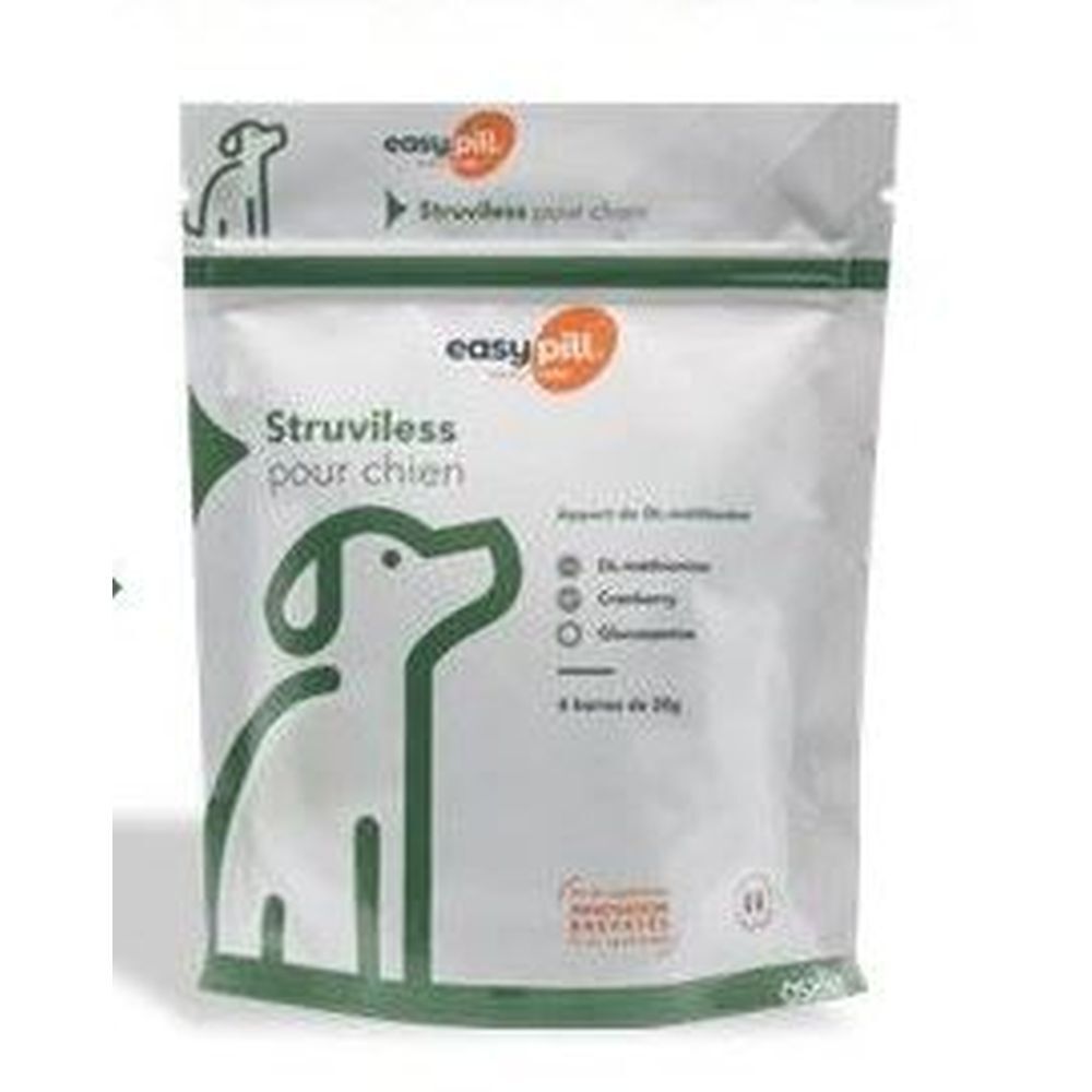 Sachet avec nom du produit et dessin de chien. Contient de la canneberge et de la glucosamine. Marque : easy pill.