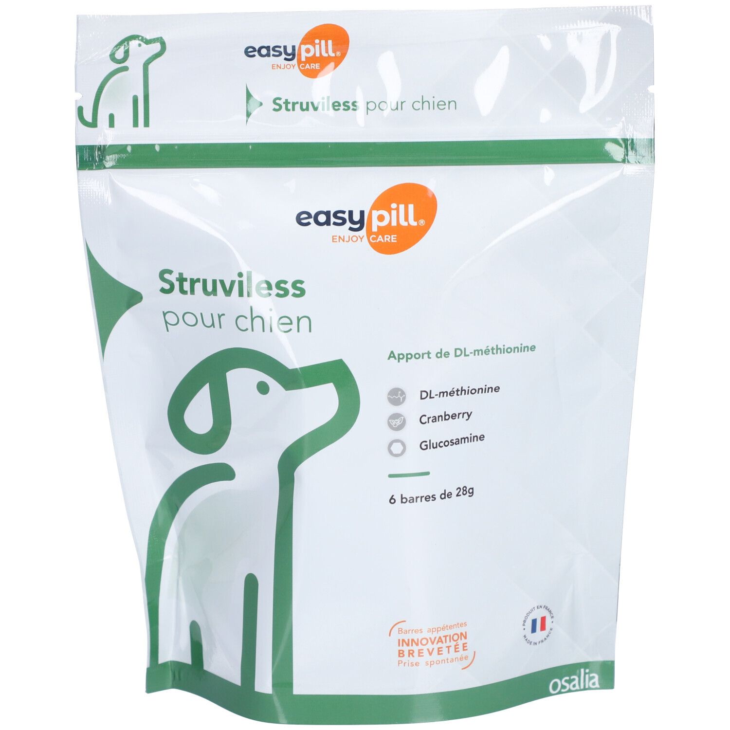 Sachet avec nom du produit et dessin de chien. Contient DL-méthionine, canneberge et glucosamine. Marque : easy pill.