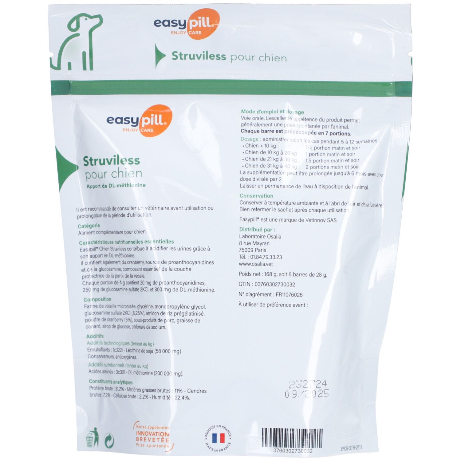 Dos du sachet avec informations produit. Contient ingrédients, dosage et informations fabricant. Marque : easy pill.