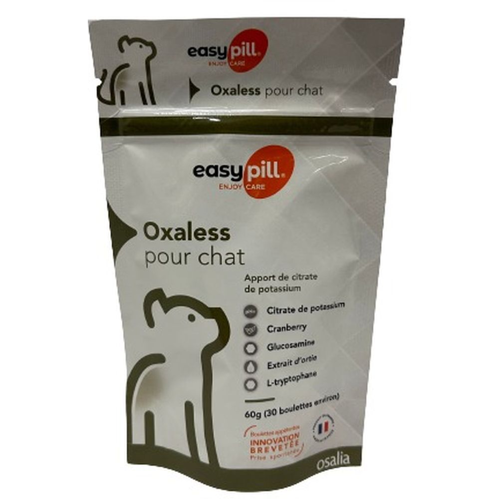 Zakje met productnaam en ingrediënten. Merk: easy pill. Tekst: Oxaless pour chat. Bevat citraat, cranberry, glucosamine.