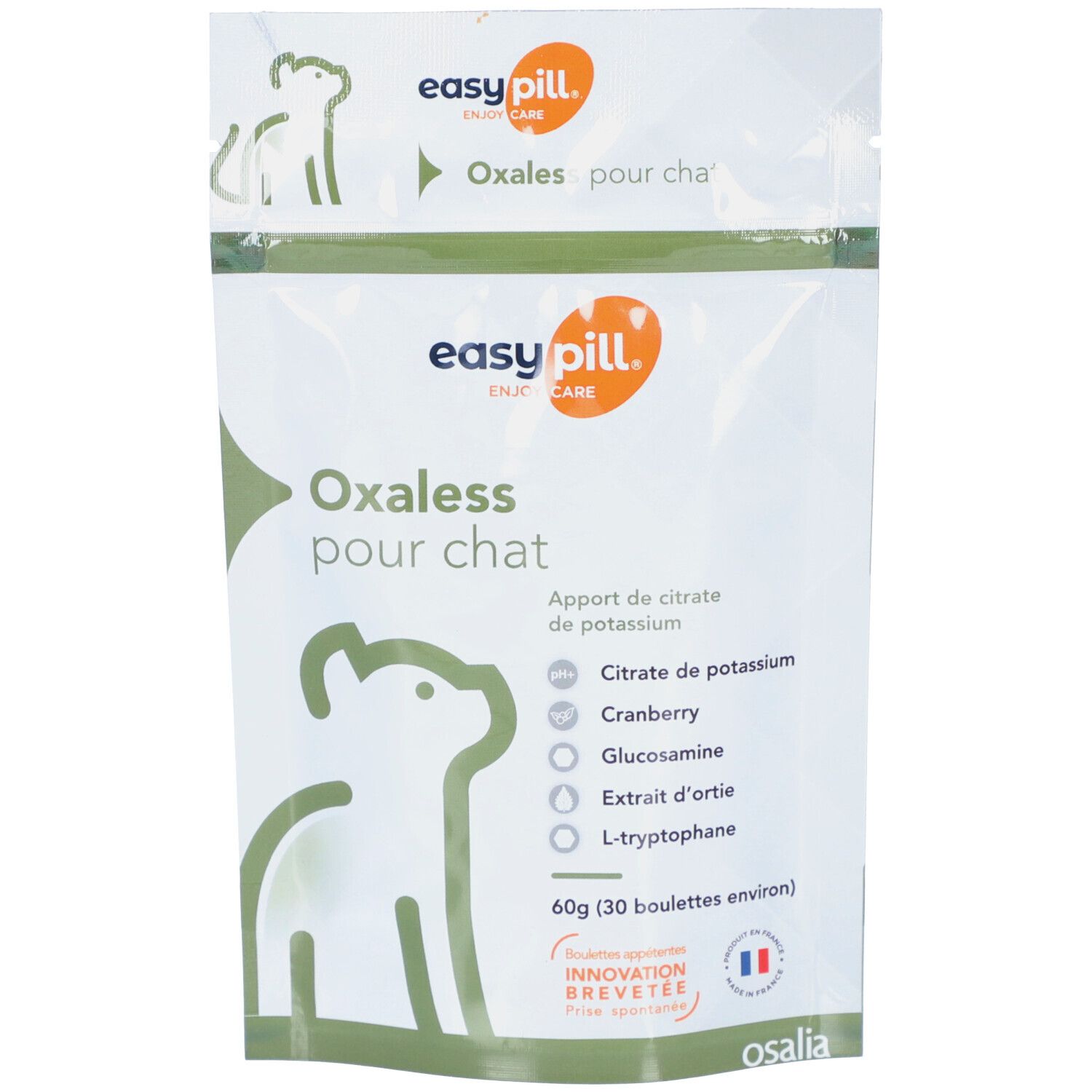 Productverpakking met productnaam en ingrediënten. Merk: easy pill. Tekst: Oxaless pour chat. Bevat citraat, cranberry, glucosamine.