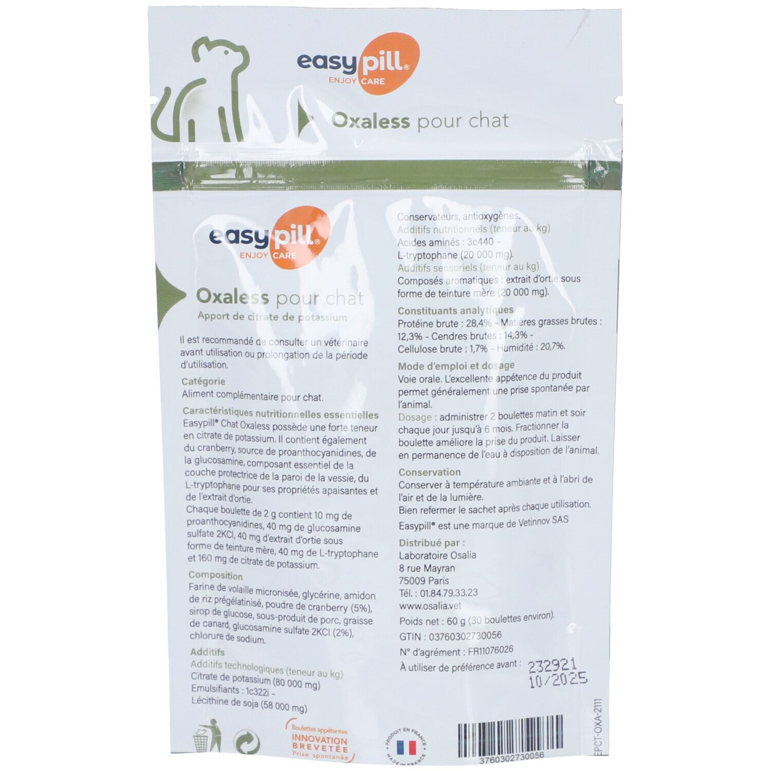 Achterkant van de productverpakking met tekst en ingrediënten. Merk: easy pill. Tekst: Oxaless pour chat. Bevat gebruiksinformatie.