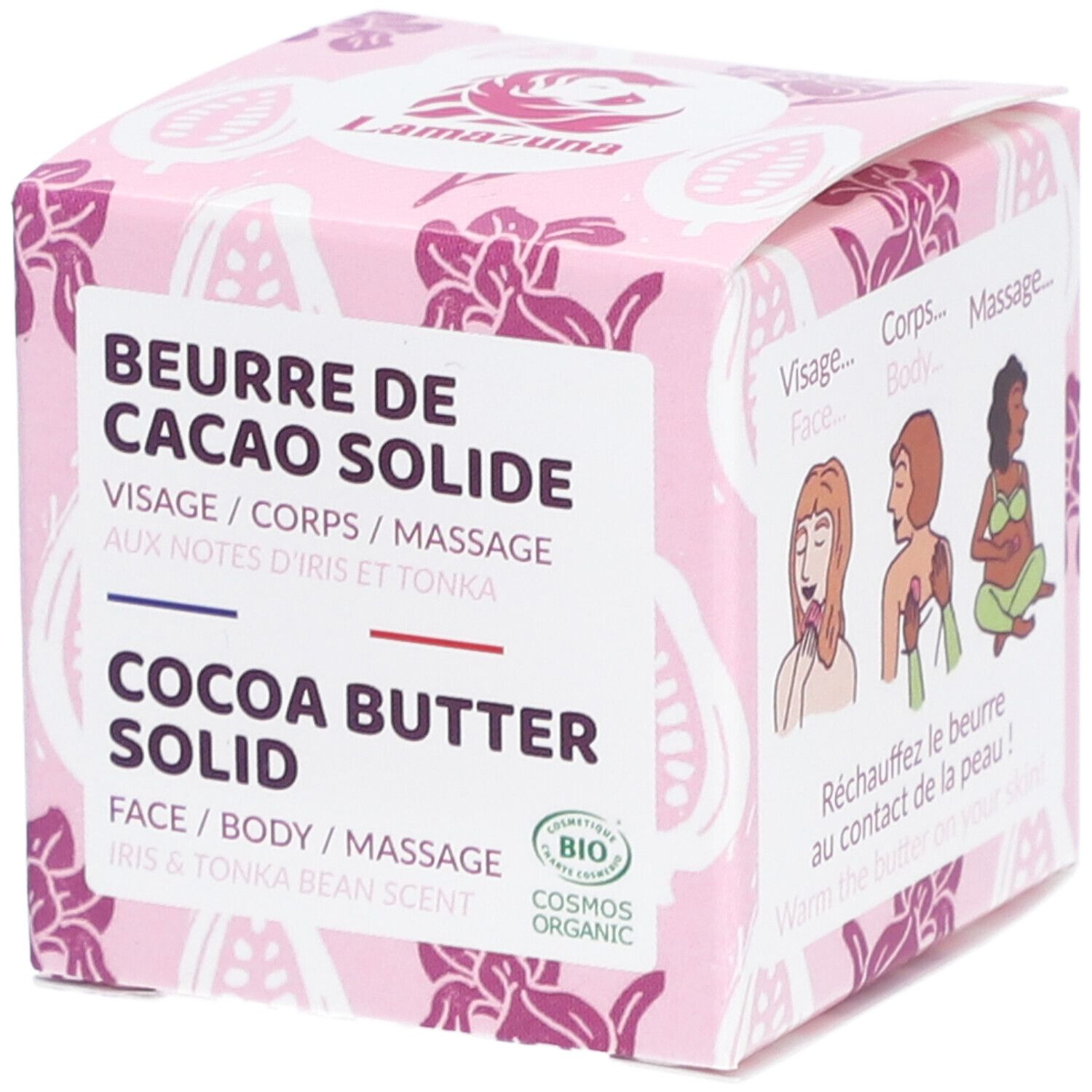 Boîte rose avec nom du produit et illustrations. Certification bio. Texte : Beurre de Cacao Solide, Visage/Corps/Massage.