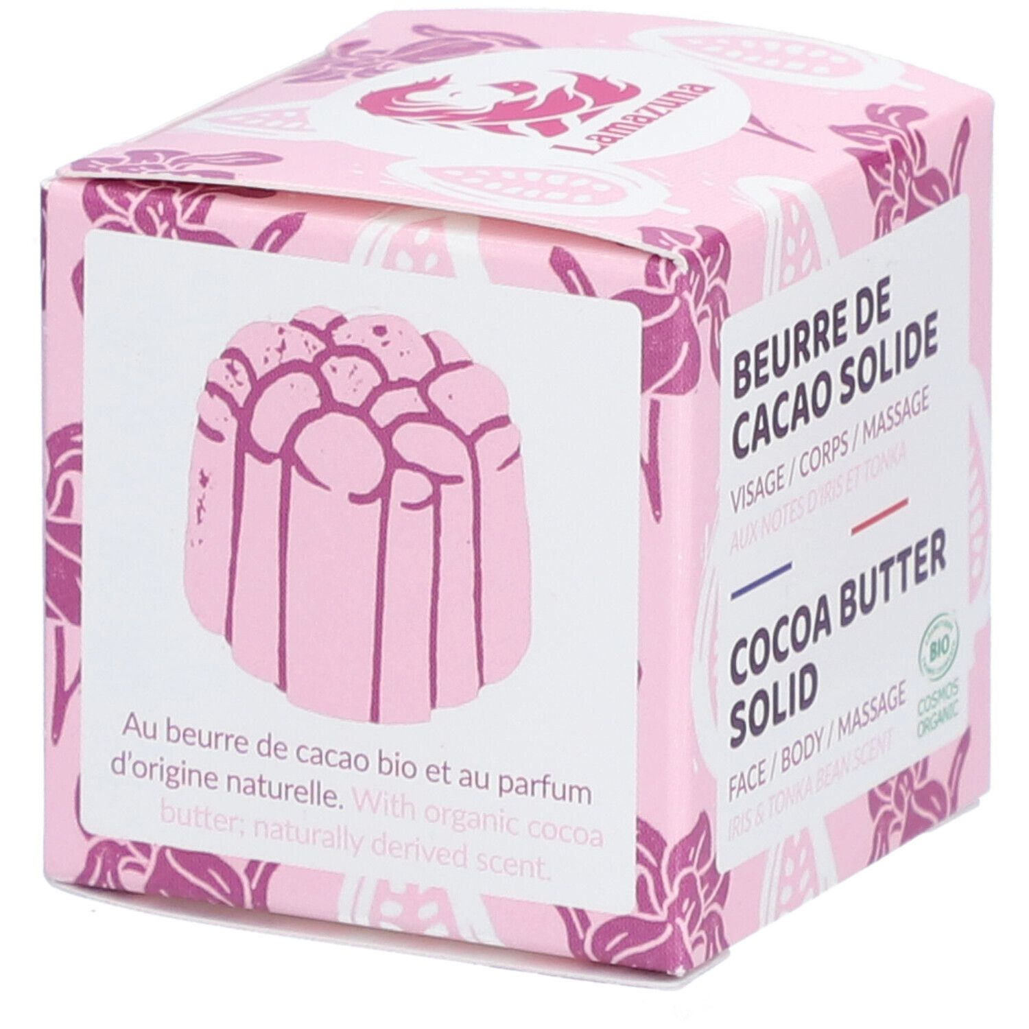 Boîte rose avec image du produit. Texte : Beurre de Cacao Solide, Cocoa Butter Solid. Certification bio. Texte : Au beurre de cacao bio.