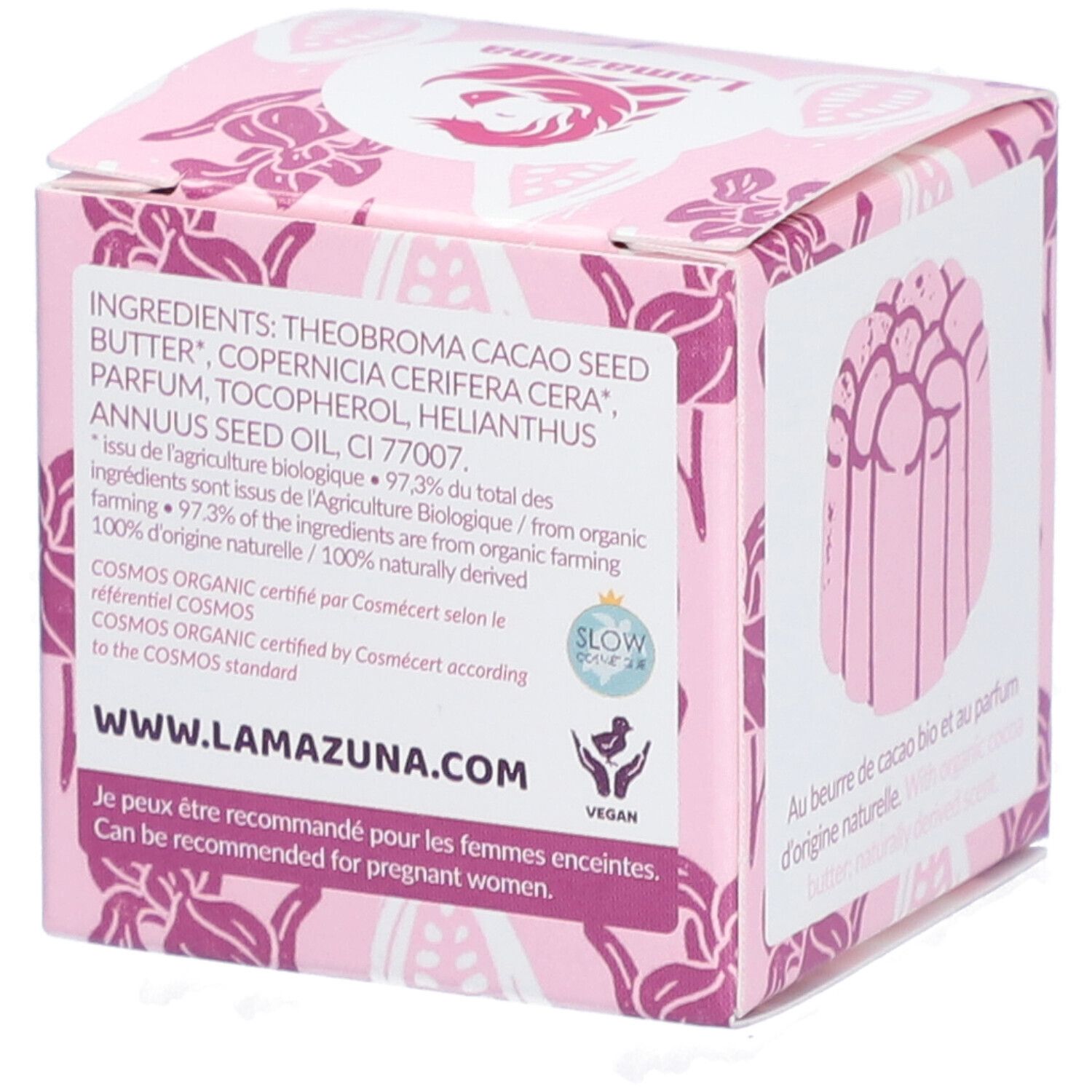 Boîte rose avec ingrédients et certifications. Texte : www.lamazuna.com, Vegan. Peut être recommandé pour les femmes enceintes.