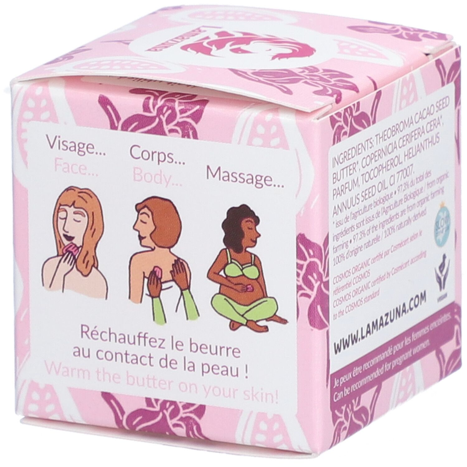 Boîte rose avec illustrations et texte. Texte : Visage, Corps, Massage. www.lamazuna.com. Peut être recommandé pour les femmes enceintes.
