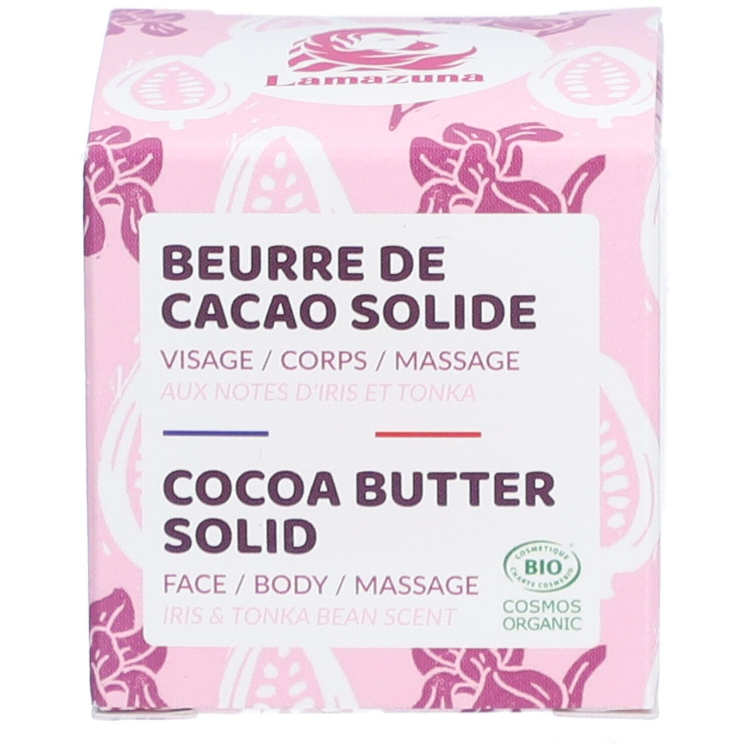 Boîte rose avec nom du produit et certification bio. Texte : Beurre de Cacao Solide, Cocoa Butter Solid, Visage/Corps/Massage.