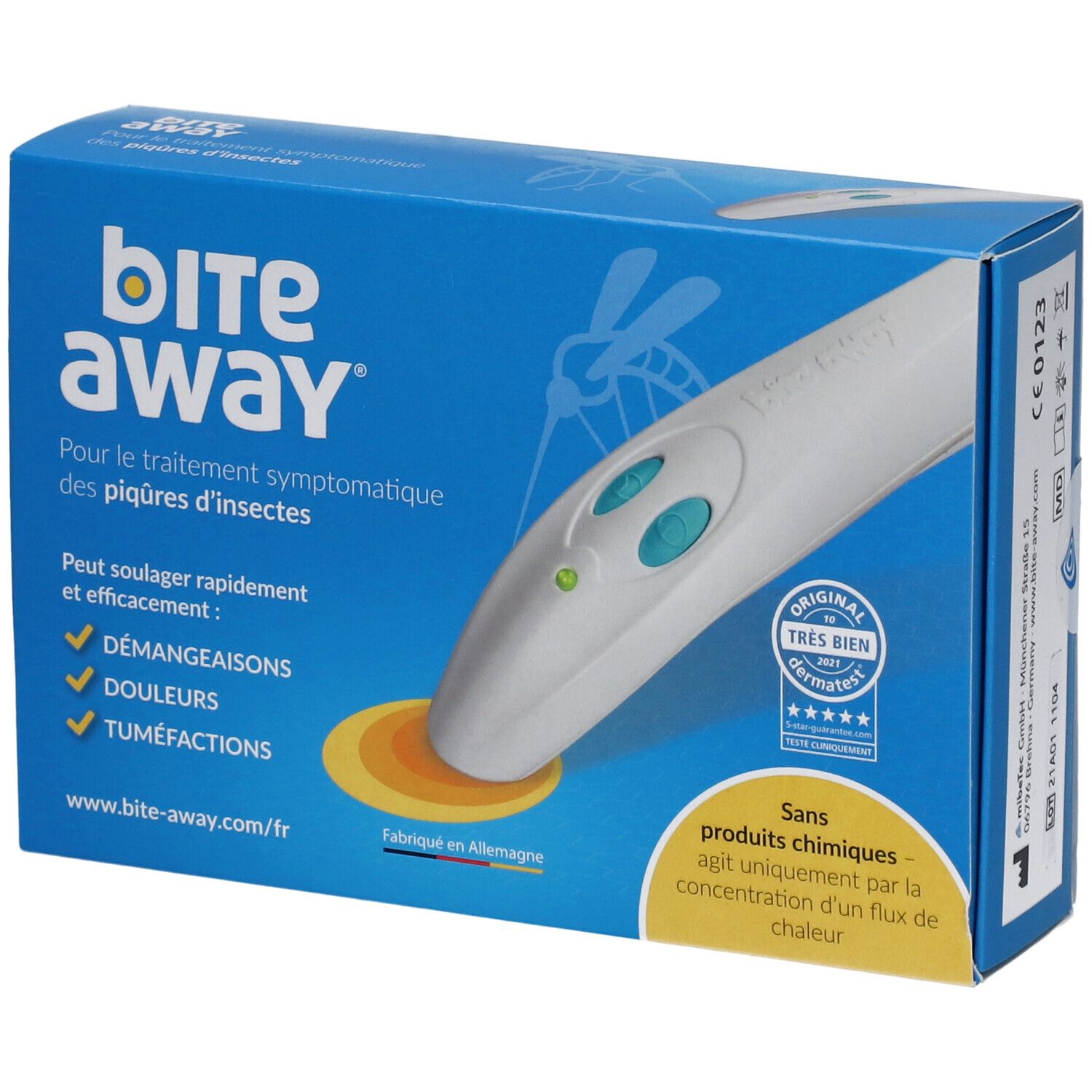 Blauer Karton mit weißem Gerät. Aufschrift: bite away. Für Insektenstichbehandlung. Zertifizierung.