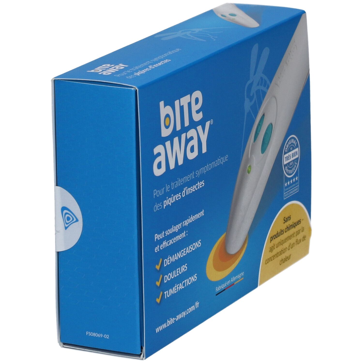 Blaue Schachtel, weißes Gerät. Aufschrift: bite away. Für Insektenstichbehandlung. Zertifizierung.