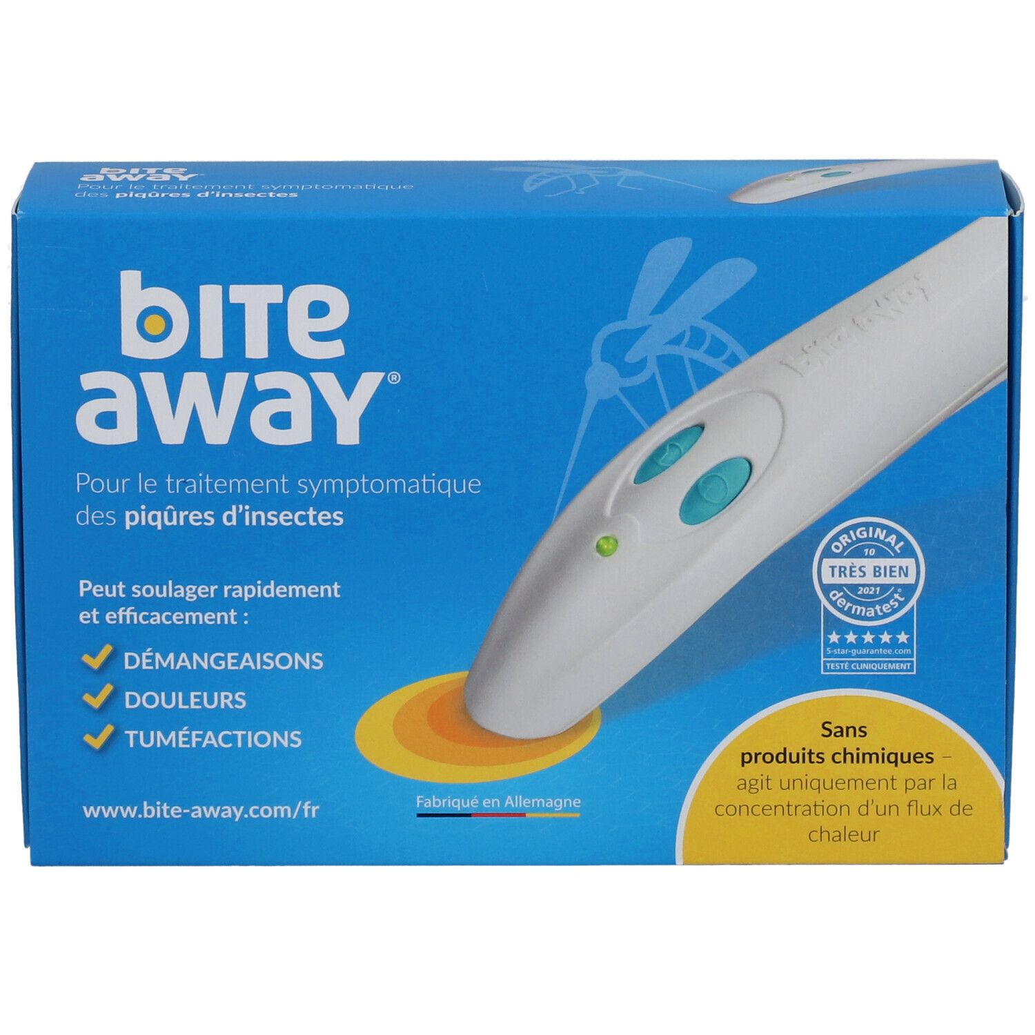 Blaue Schachtel mit weißem Gerät. Aufschrift: bite away. Für Insektenstichbehandlung. Zertifizierung.