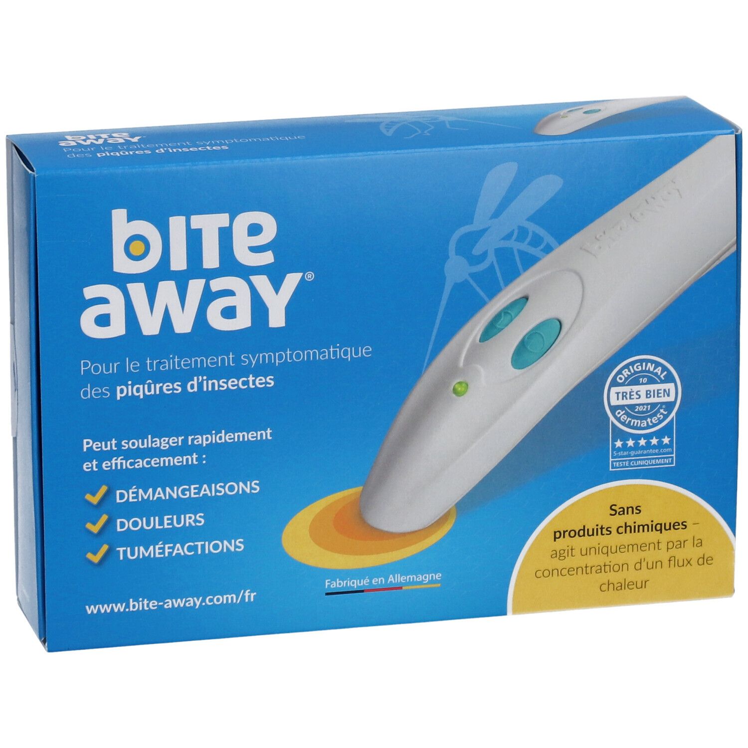 Blaue Schachtel mit weißem Gerät. Aufschrift: bite away. Für Insektenstichbehandlung. Zertifizierung.