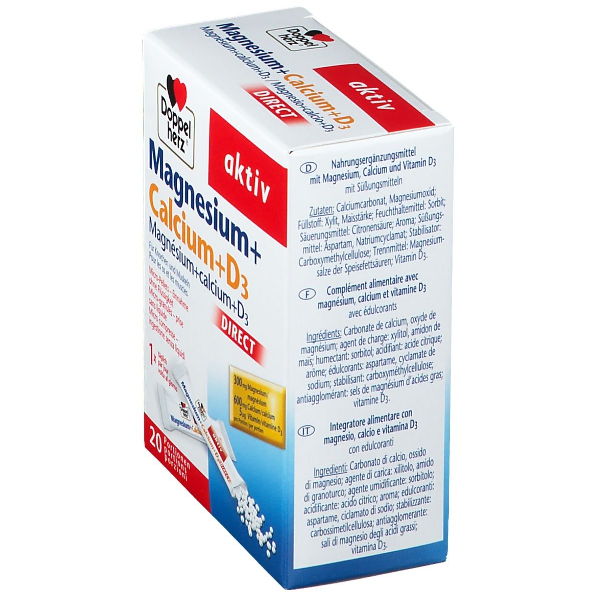 Vue latérale de l'emballage en carton blanc Doppelherz Aktiv Magnesium + Calcium + D3 DIRECT. Texte avec ingrédients et informations nutritionnelles.