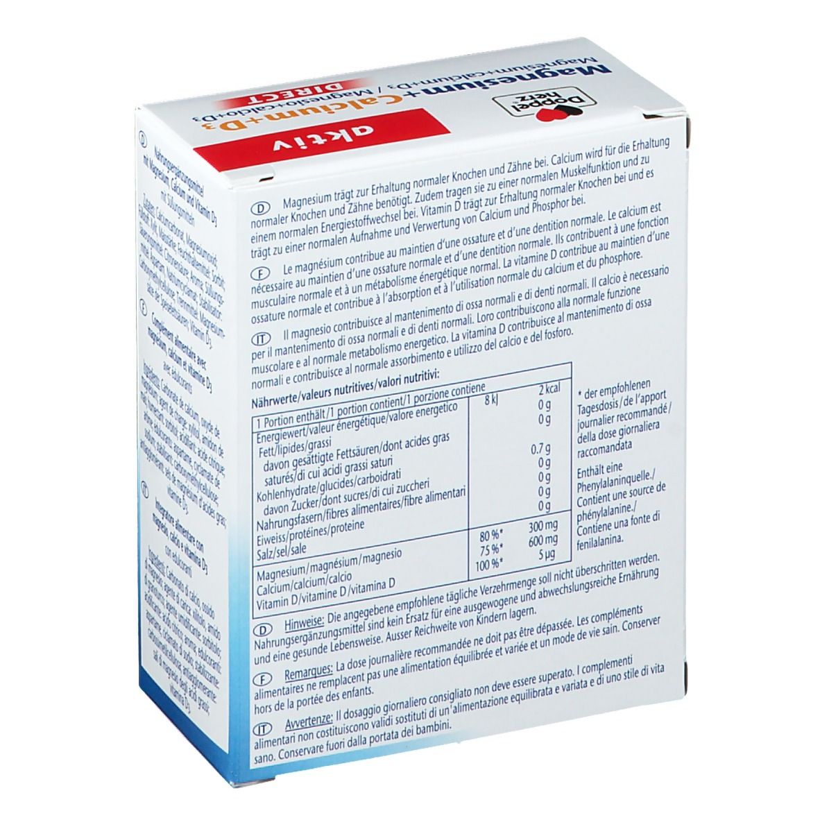 Dos de l'emballage en carton blanc Doppelherz Aktiv Magnesium + Calcium + D3 DIRECT. Texte avec informations nutritionnelles et ingrédients.