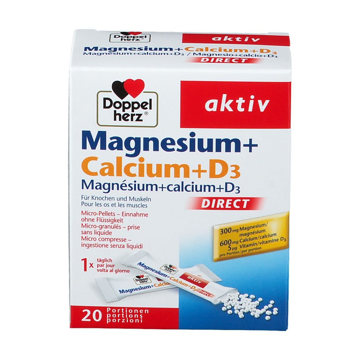 Boîte blanche Doppelherz Aktiv Magnesium + Calcium + D3 DIRECT. Contient 20 portions. Deux sachets et des comprimés sont visibles.