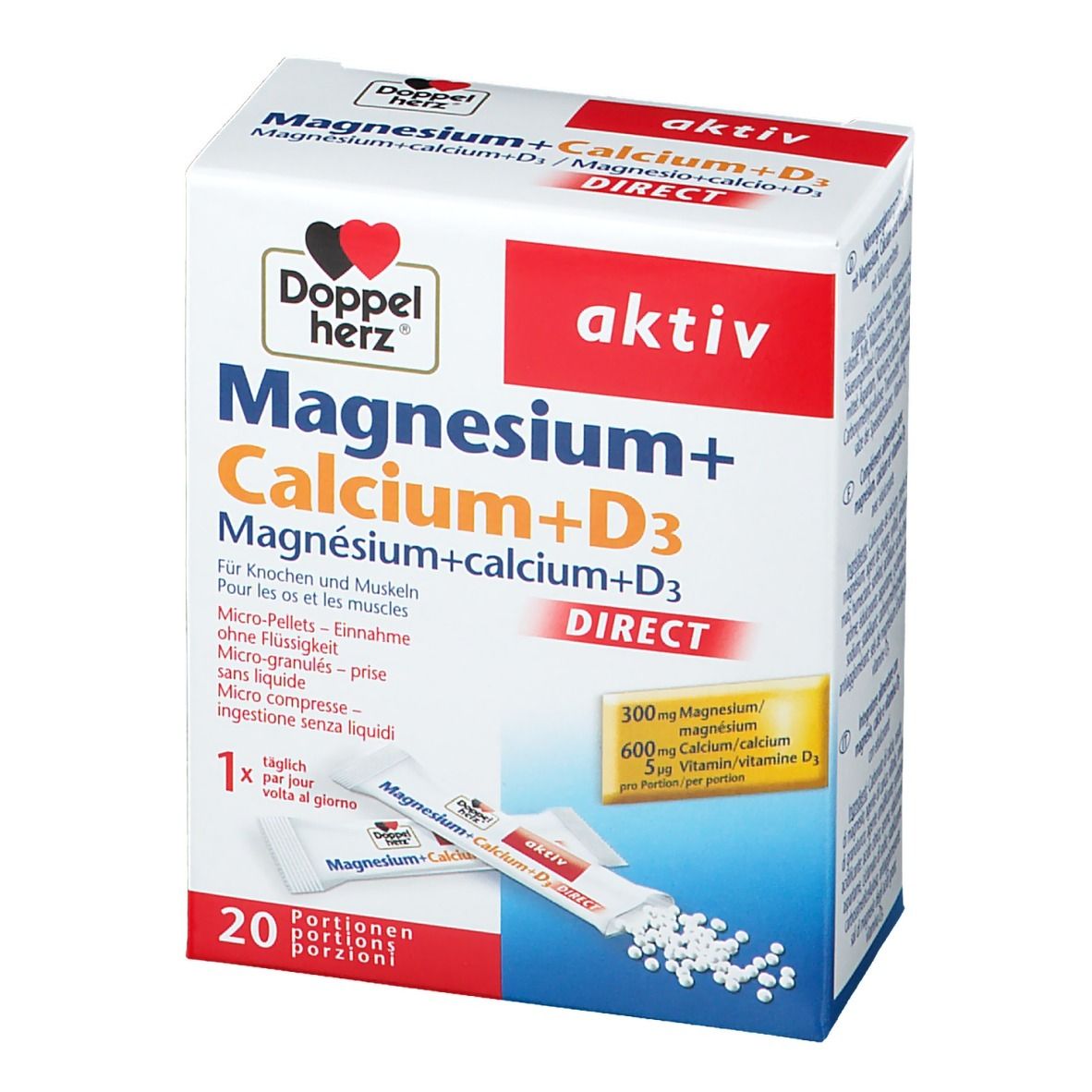 Boîte blanche Doppelherz Aktiv Magnesium + Calcium + D3 DIRECT. Contient 20 portions. Deux sachets et des comprimés sont visibles.