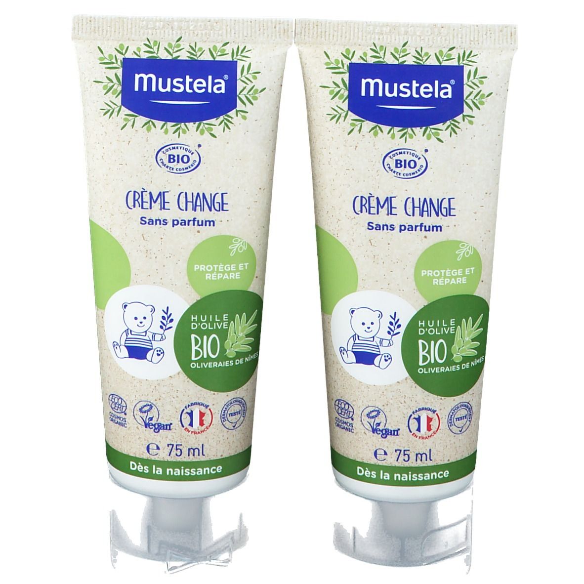 Deux tubes de crème Mustela Bio, face avant. Texte: Crème Change, certification Bio, 75 ml.