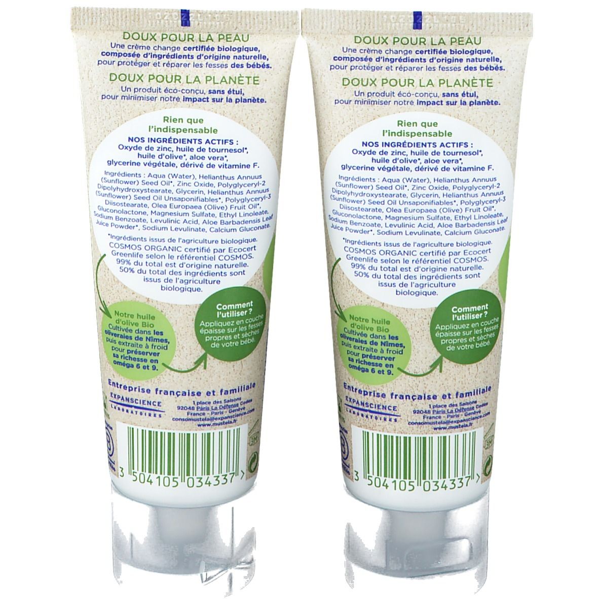 Deux tubes de crème Mustela Bio, dos. Texte: ingrédients, certification Bio, Expanscience.