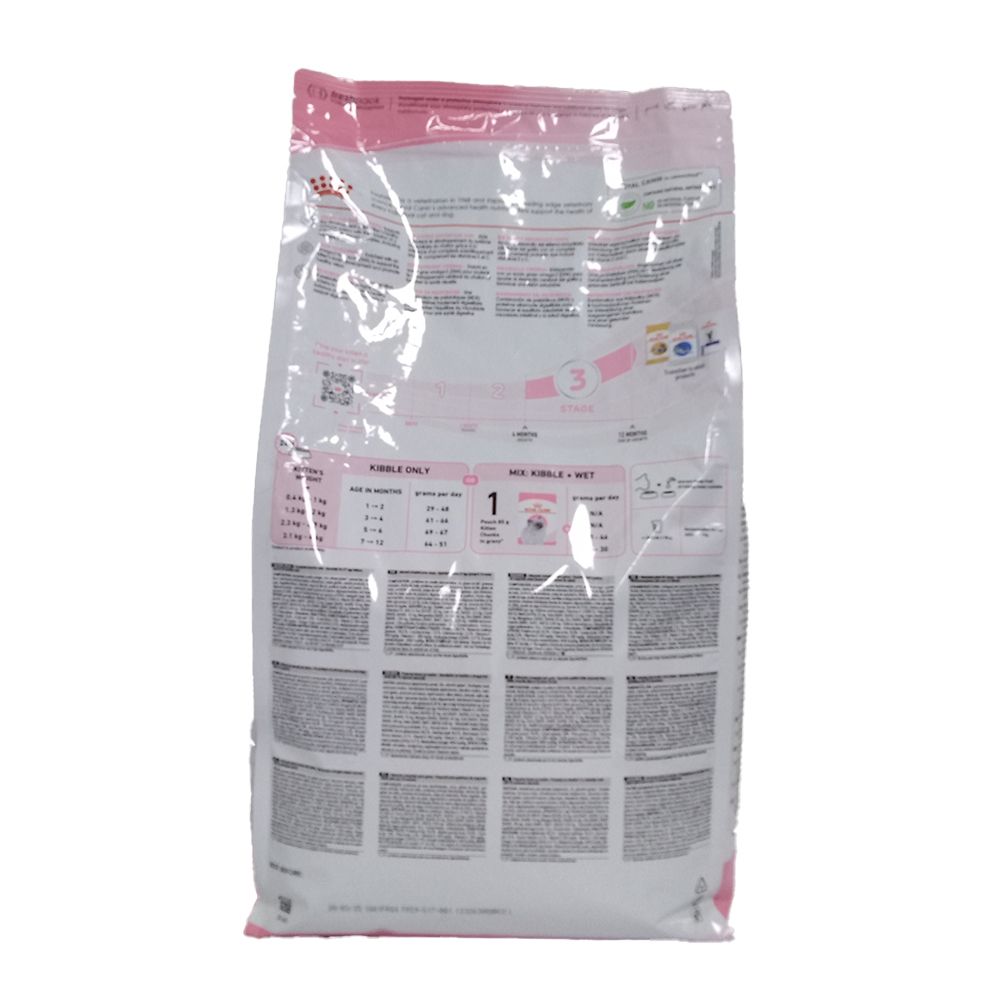 Dos transparent de l'emballage ROYAL CANIN Kitten. Texte et graphiques avec recommandations d'alimentation et informations sur le produit.
