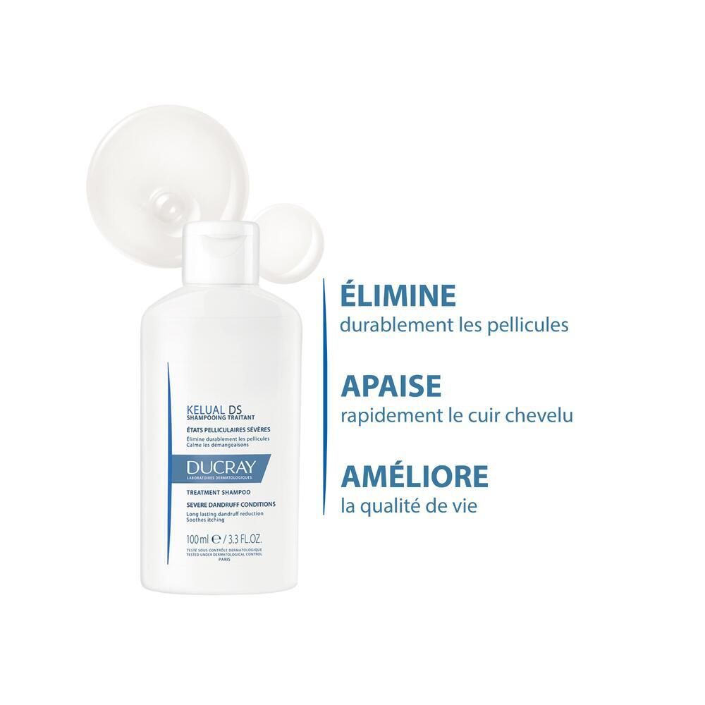 Flacon de produit et gouttes. Texte : Élimine les pellicules, apaise le cuir chevelu, améliore la qualité de vie.