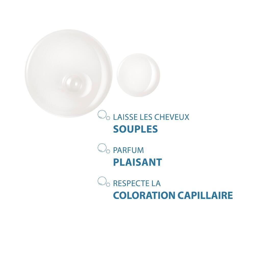 Gouttes avec texte : Laisse les cheveux souples, parfum plaisant, respecte la coloration capillaire.