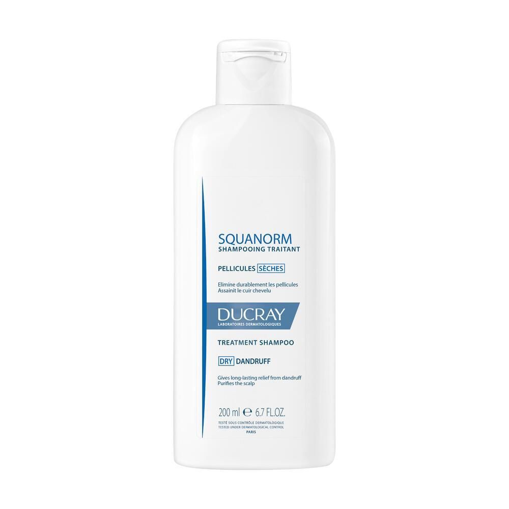 Weiße Shampoo-Flasche. Text: SQUANORM, PELLICULES SÈCHES, DUCRAY, TREATMENT SHAMPOO, DRY DANDRUFF. 200 ml.
