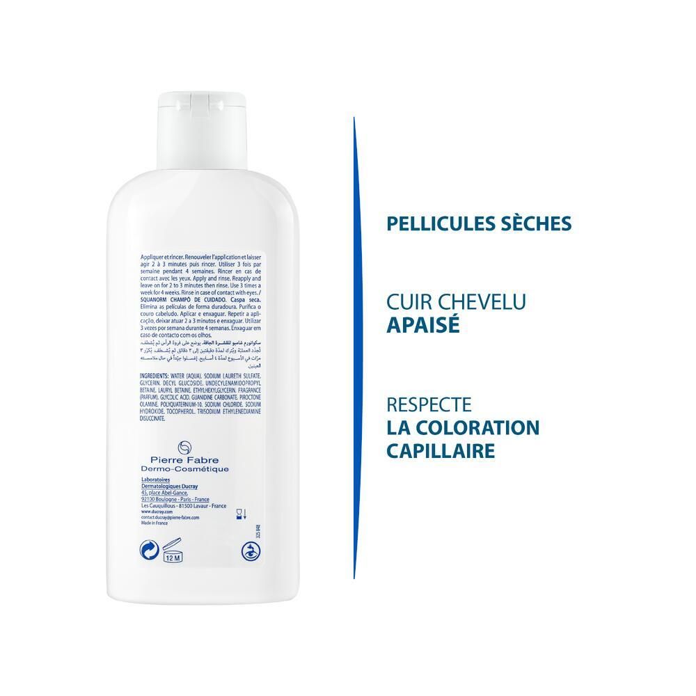 Rückseite der Shampoo-Flasche. Text: PELLICULES SÈCHES, CUIR CHEVELU APAISÉ, RESPECTE LA COLORATION CAPILLAIRE.