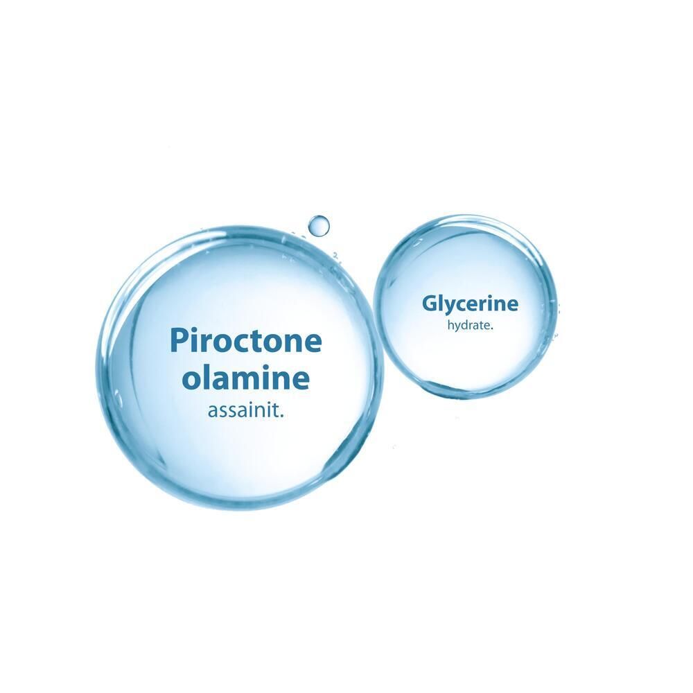 Zwei blaue Blasen. Text: Piroctone olamine assainit. Glycerine hydrate.