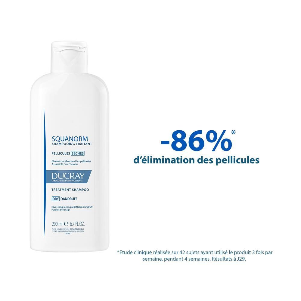 Weiße Shampoo-Flasche. Text: -86% d'élimination des pellicules. Studie auf 42 Personen.