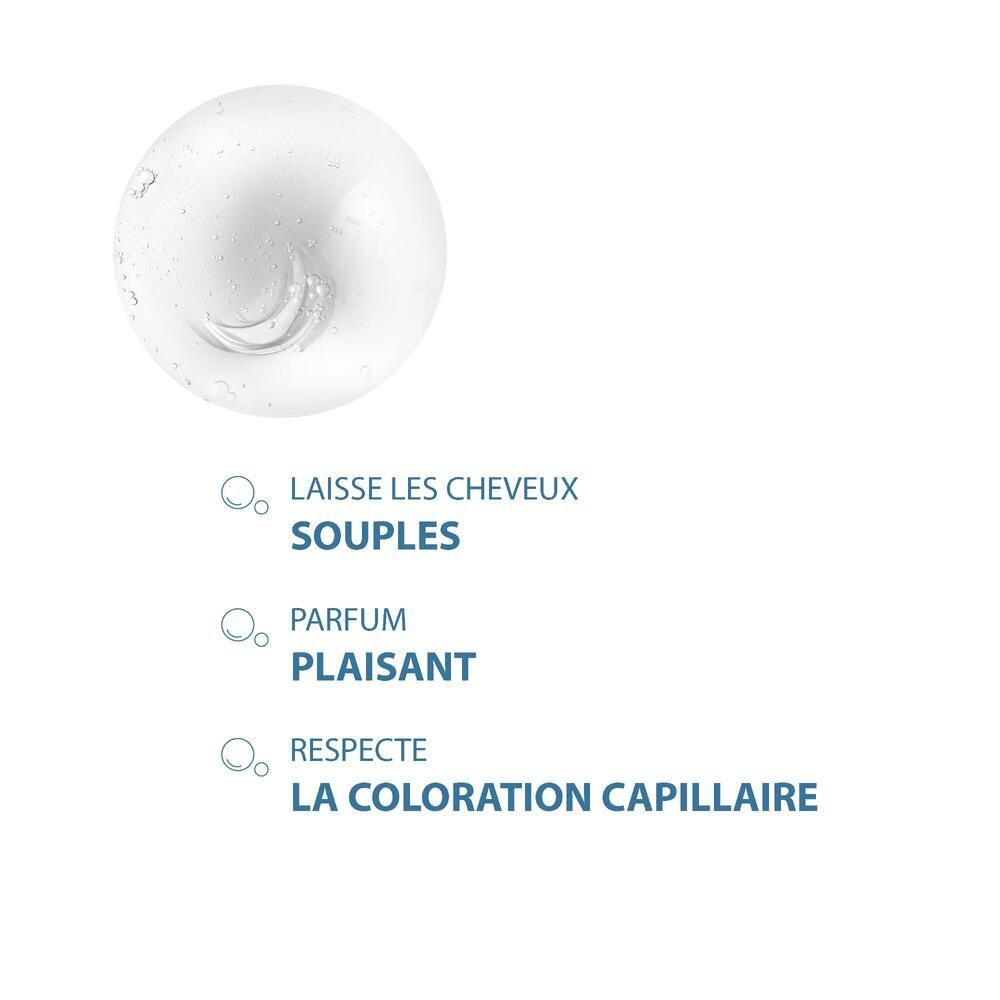 Zwei blaue Kreise. Text: LAISSE LES CHEVEUX SOUPLES, PARFUM PLAISANT, RESPECTE LA COLORATION CAPILLAIRE.