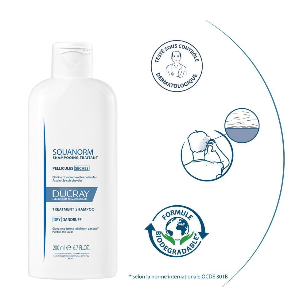 Weiße Shampoo-Flasche. Text: Dermatologisch getestet, Formel biologisch abbaubar.